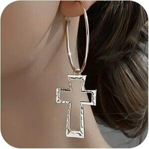 Silver Hammered Hollow Cross Hoop Earring Chunky Lightweight Religious Jewelry